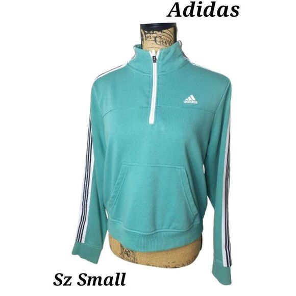 Adidas Women's 1/4 Zip Pullover Sweatshirt Small Teal With Striped Sleeves NWOT - Picture 2 of 7